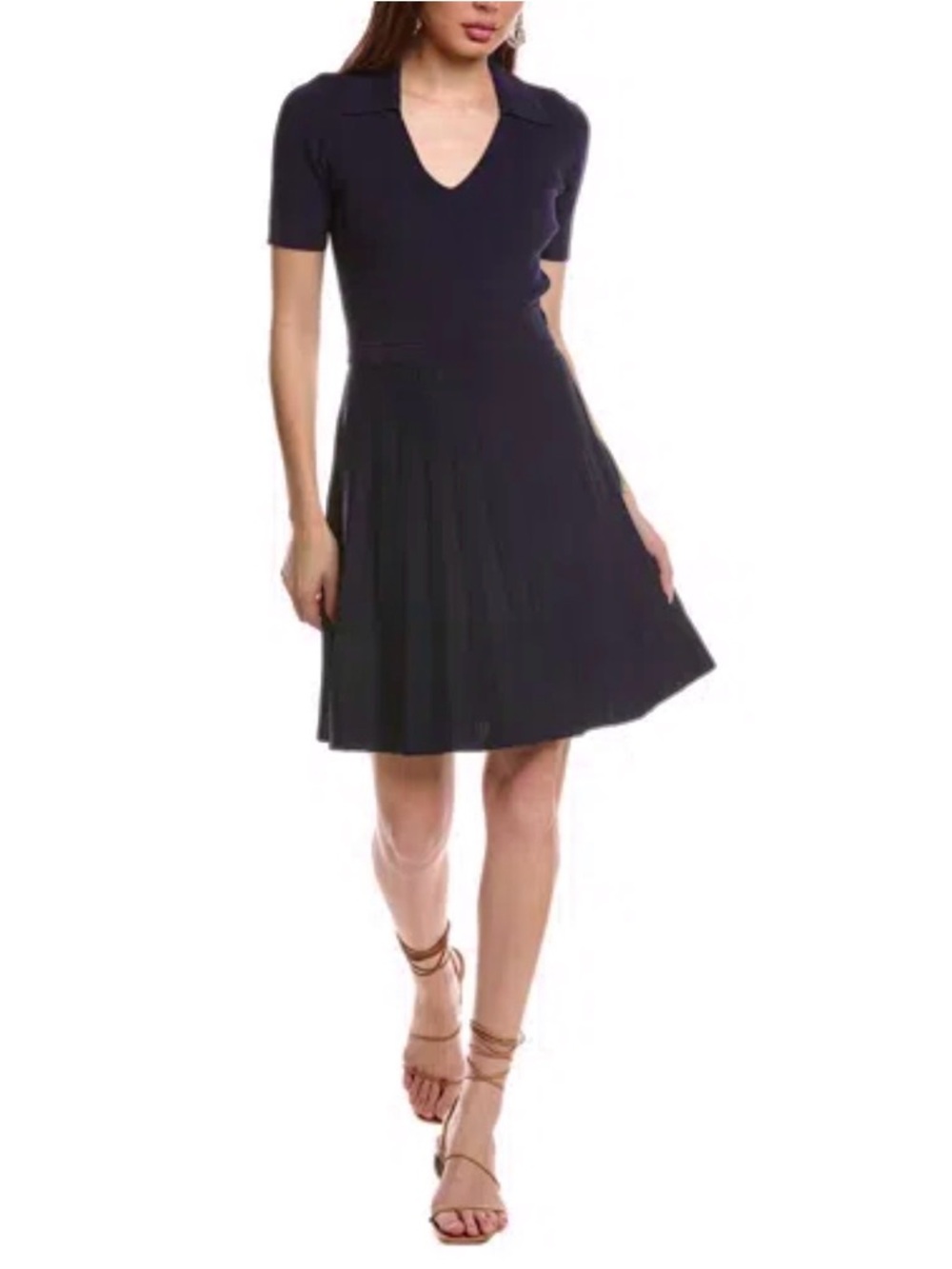 Eliza J Classic Navy V-Neck A-Line Fit-and-Flare  Knit Sweater Dress - Picture 3 of 16